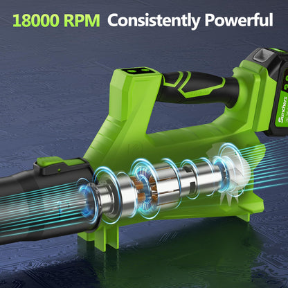Leaf Blower Cordless with 2 x 3.0Ah Battery and Charger, 680CFM 260MPH Electric Blower with 2 Speeds, 20V Handheld Leaf Cleaner for Lawn Care, Blowing Leaves, Dust, Snow, Gravel for Patio, Yard, Green
