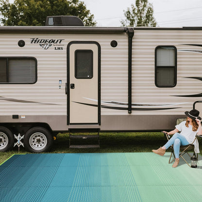 Anidaroel 8x10ft Ombre Outdoor Rug for Patios Clearance, Waterproof Camping Rug for Outside RV, Reversible Plastic Straw Outside Rugs, Large Outdoor Area Rug for Camper, Picnic(Blue&Green,8'x10')