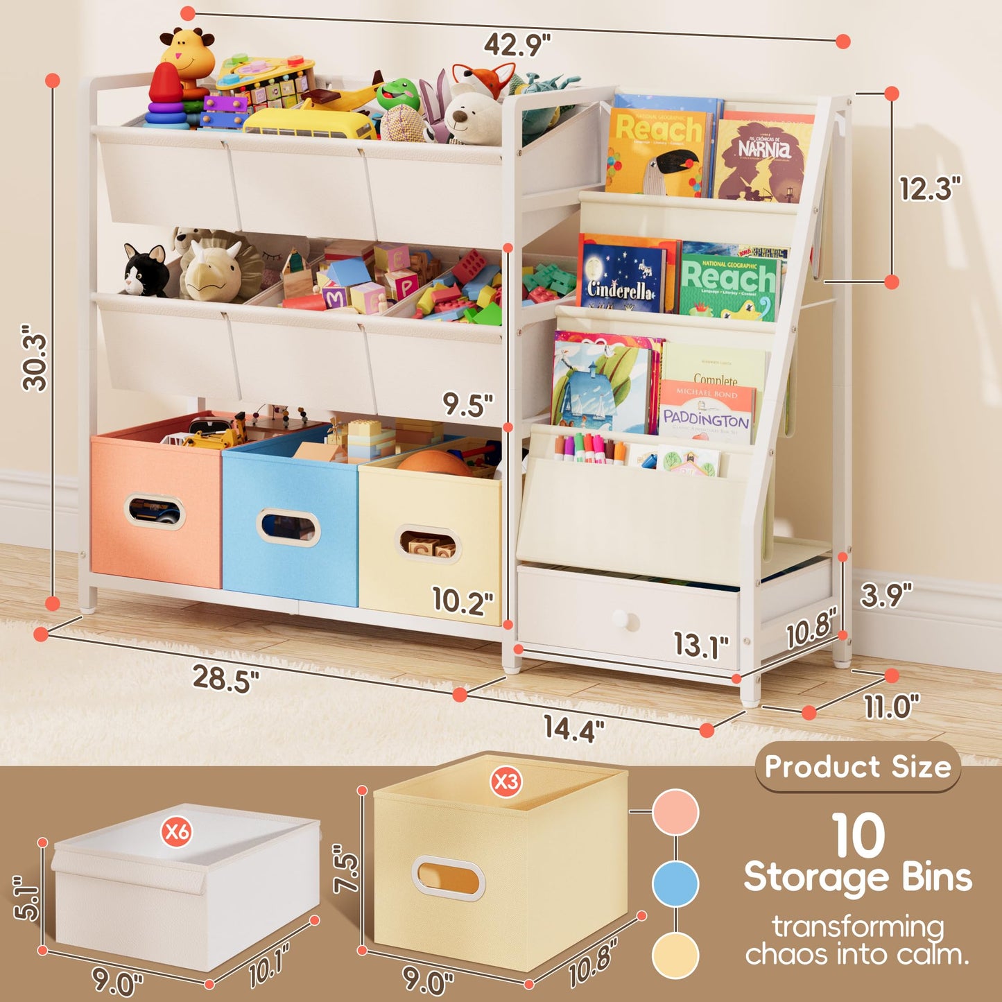 HAVLOTII Toy Storage Organizer - Kids Bookshelf and Toy Storage with 3 Book Shelf and 10 Storage Bins, Montessori Playroom Storage for Toddler, Baby, Book Shelf for Kids Rooms