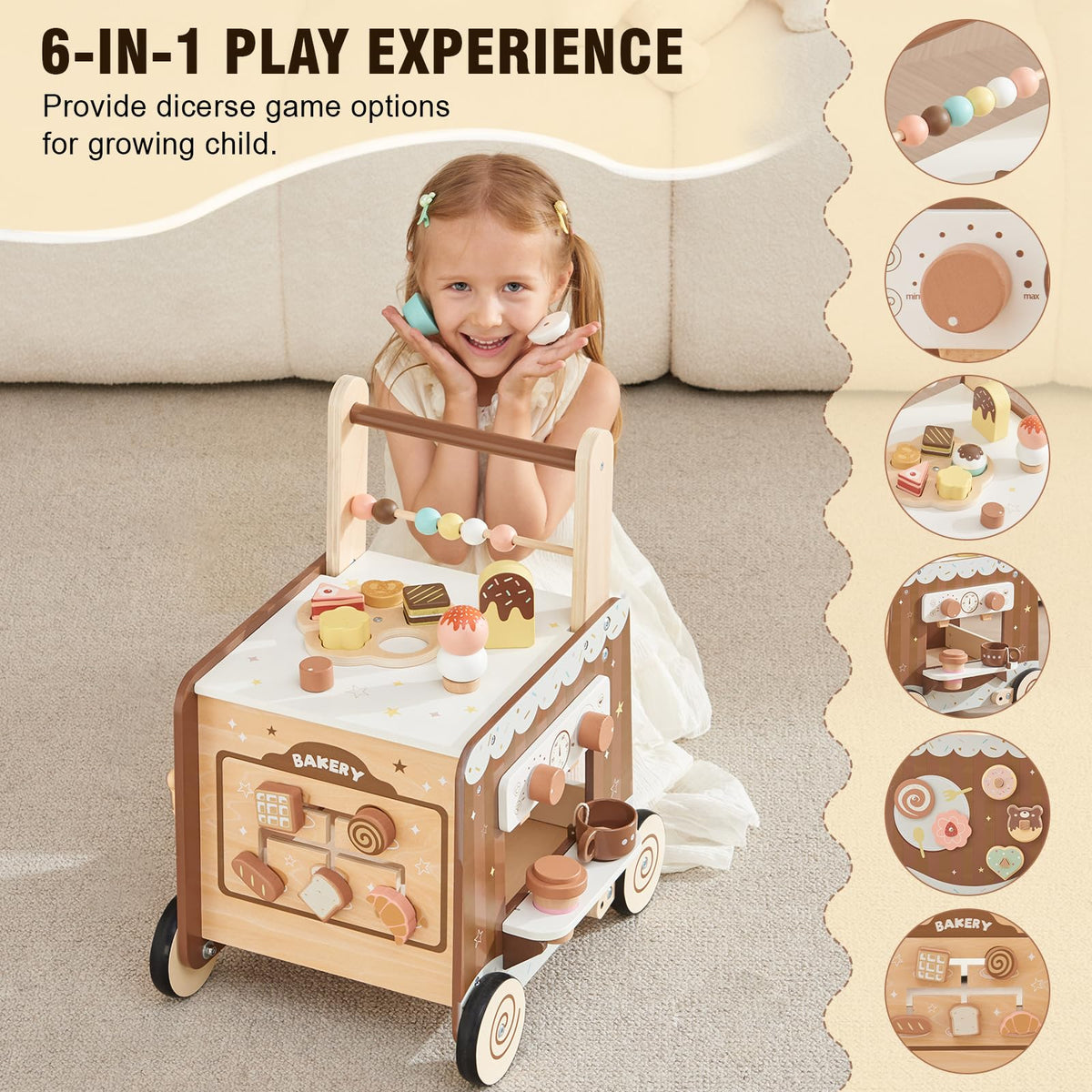 Wooden Baby Walker Push Walker with Adjustable Speed, Montessori Bakery Toy Walker with Coffee Machine & Play Food for 1 Year Old, First Birthday Gift