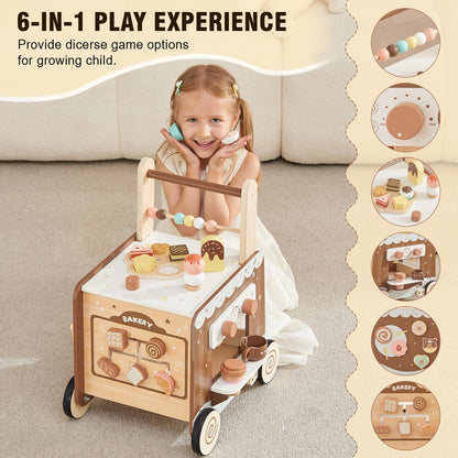 Wooden Baby Walker Push Walker with Adjustable Speed, Montessori Bakery Toy Walker with Coffee Machine & Play Food for 1 Year Old, First Birthday Gift