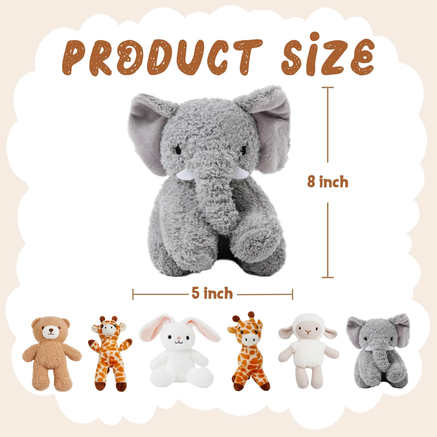 AmyToo 6 Pcs Stuffed Animals Bulk, 8 Inch Small Stuffed Safari Animals, Zoo Stuffed Animals Set (Sheep Elephants Bear Giraffe Bunny) Baby Shower Party Decor, Easter Gift for Classroom Kids, Girls