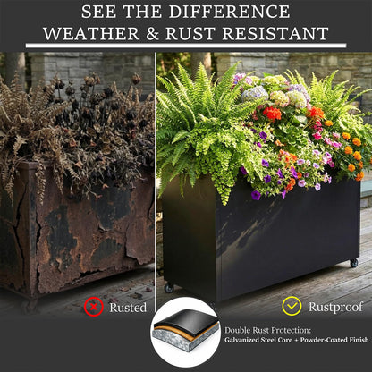 WIZWERK Metal Planter Box with Wheels, 36" Large Rolling Outdoor Planter with Drainage & Removable Shelf, Rectangular Planter Raised Garden Bed for Patio, Balcony, Porch & Backyard, Black