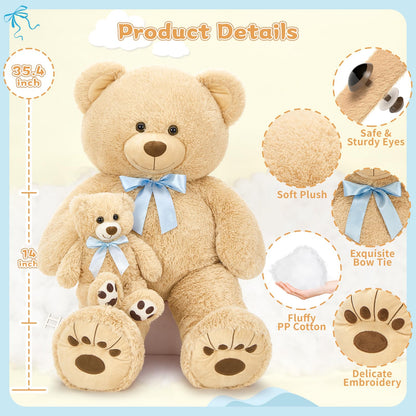 MorisMos Giant Teddy Bear Stuffed Animal with Baby Bears,35.4'' Big Mommy Stuffed Bear,3 Small Bulk Teddy Bear Stuffed Animals for Baby Shower Birthday, 4-Pack Brown Bear Toys for Kids Mom Girlfriends