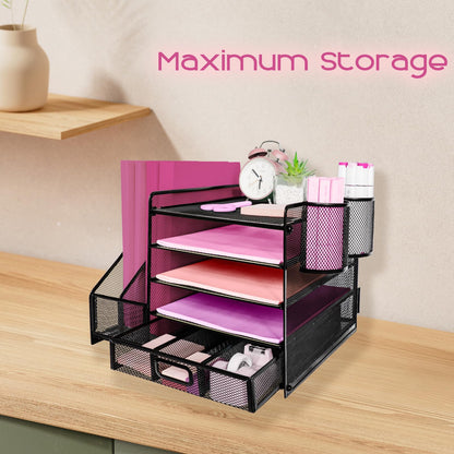 ideallife Desk Organizers and Accessories with File Holder, 5-Tier Paper Letter Tray Organiser with Drawer and 2 Pen Holder, Mesh Desktop Document Organizer for Office Supplies, Workspace - Black