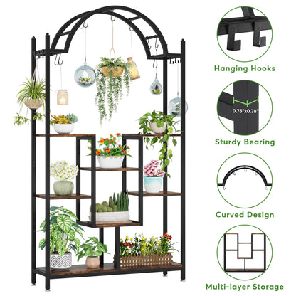 Tribesigns 5-Tier Tall Indoor Plant Stand, 74.8'' Arched Metal Flower Shelf with Hanging Hooks, Large Bonsai Pots Display Rack for Indoor, Balcony, Living Room