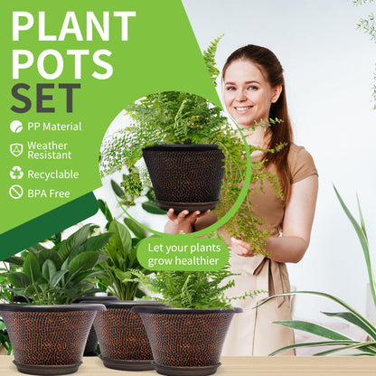 Quarut 12 Inch Pots for Plants,4 Pack Large Flower Pots with Drainage Hole & Saucer,Modern Planters for Indoor Outdoor Plants,Decorative Resin Garden Pots Brown
