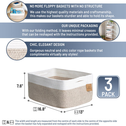 NaturalCozy Storage Baskets 16.8”x13”x7.6” Cotton Rope Woven Baskets for Organizing 3-Pack | Toy Storage Bins | Basket for Shelves, Laundry, Blanket, Clothes, Closet, Kitchen, Bathroom, Gifts