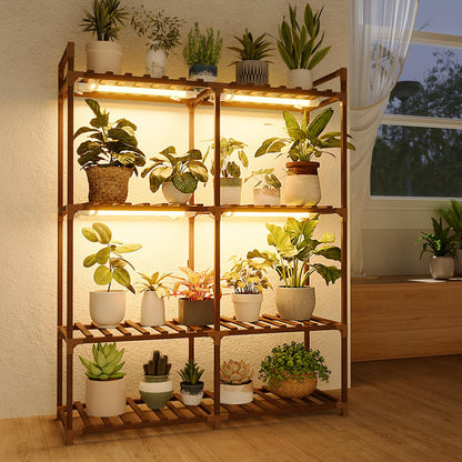 Bamworld Plant Stand with Grow Lights for Indoor Plants Wood Plant Shelf 4 Tier Large Flower Stand for Mutiple Plant Holder Rack for Patio Living Room Balcony