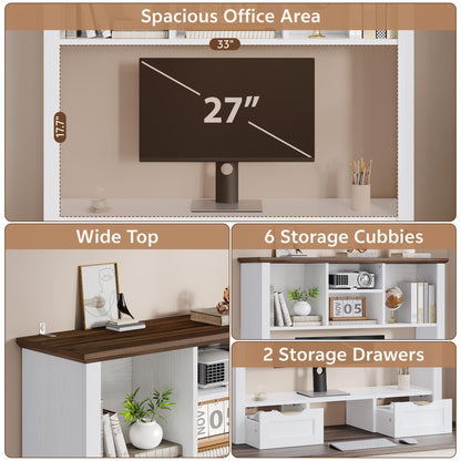 Homiflex Desk Shelf with Computer Monitor Stand, 37.4''W Desktop Bookshelf Display Rack, Desktop Organizer Storage Rack with Cubbies & Drawers, 5-Tier Hutch for Home, Office, Dorm, Vanity, White&Brown
