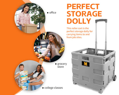MaxWorks Collapsible Rolling Utility Cart with Lid 80 lb Capacity Folding Dolly with Telescoping Handle Heavy Duty Plastic Crate on Wheels for Shopping Office and Teachers (50876)