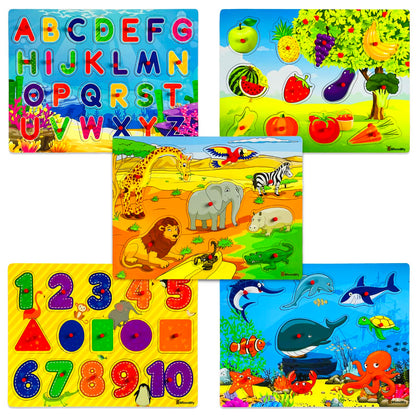5 Pack Wooden Puzzles for Toddlers 1-3 - Colorful Chunky Wooden Peg Puzzles - Educational Learning Montessori Toys - Toddler Puzzles for Kids Ages 2-4 - Alphabet ABC Number Animal Fruit Shape