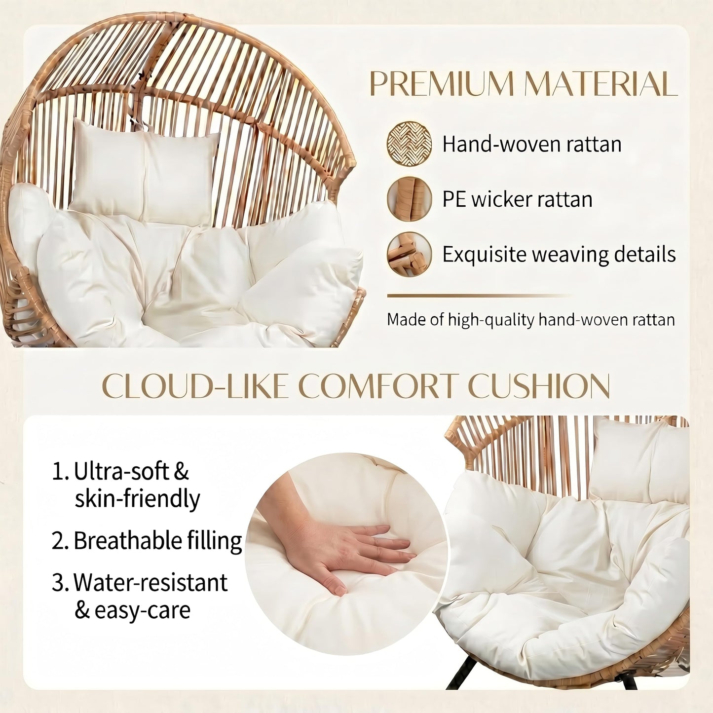Oversized Outdoor Wicker Egg Chair, Patio Lounge Chair Basket Seat with Thick Cushion, All Weather Indoor Outdoor Porch Rockers for Balcony, Living Room, Lawn Garden