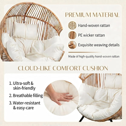 Oversized Outdoor Wicker Egg Chair, Patio Lounge Chair Basket Seat with Thick Cushion, All Weather Indoor Outdoor Porch Rockers for Balcony, Living Room, Lawn Garden
