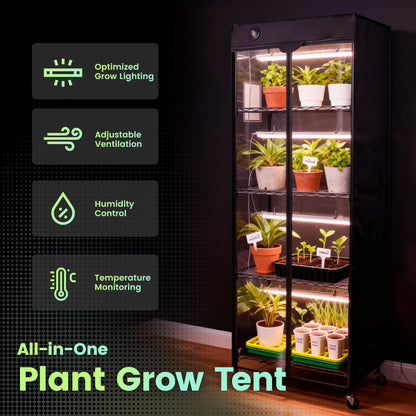 WORTH Mini Greenhouse with 18W T8 Grow Lights & Thermo-Hygrometer 27"x15"x70" Smart Indoor Grow Tent with Black Oxford Fabric Cover Plant Stand with Casters & Ventilation Flaps for Seed Starting