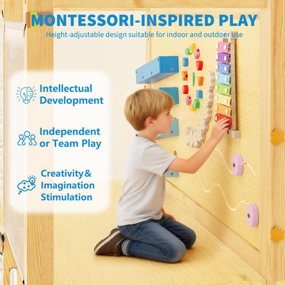 9-IN-1 Outdoor Indoor Jungle Gym, Montessori Wooden indoor playground for kids 2-8, Wooden Climbing Structure with Slide, Monkey Bars, Rope Ladder, Rock Wall, Climbing Net, Rings - Natural Wood Blue