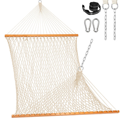 Lazy Daze Hammocks Double Rope Hammock, 2 Person Traditional Outdoor Hand Woven Cotton Rope Hammock with Spreader Bar, Carabiners, Tree Straps, Chains for Patio Yard - Max 450 Lbs, Natural