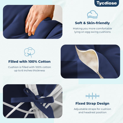 Tycdiose Outdoor Swing Egg Chair Cushion Waterproof, Thicken Hanging Basket Egg Chair Cushion Replacement Papasan Chairs Cushions with Headrest Pillow, Larger Round Cushions for Eggs Chairs (Blue)