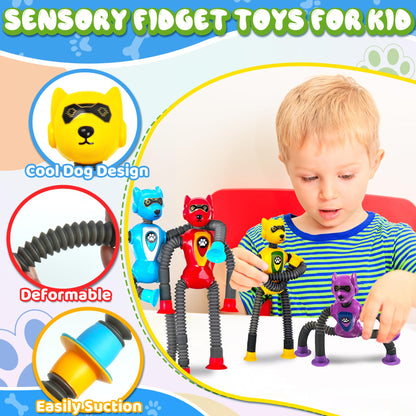 Easter Basket Stuffers for Classroom Boys Robot Dog Sensory Pop Tube for Toddler Kid 4PC Travel Toys Airplane Car Toy Activities Autistic Road Trip Suction Tube for Boy 3 - 8 ADHD Autism Valentine Day