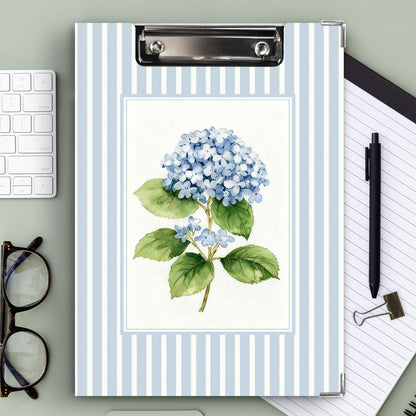 KU-DaYi Blue Hydrangea Floral Clipboard Padfolio with Storage Pocket, Blue Striped Hydrangea Flower Botanical Low Profile Clip Boards for Girls Nurse Office Classroom, 12.4 x 9.25 in
