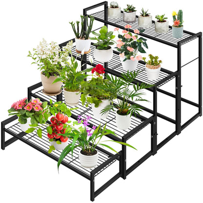 Meyoppm 4 Tier Metal Plant Stand Indoor Outdoor, Ladder Flower Pot Holder Plant Stands, Stackable Heavy Duty Tall Plant Shelf Flower Pot Holder for Garden, Display Rack