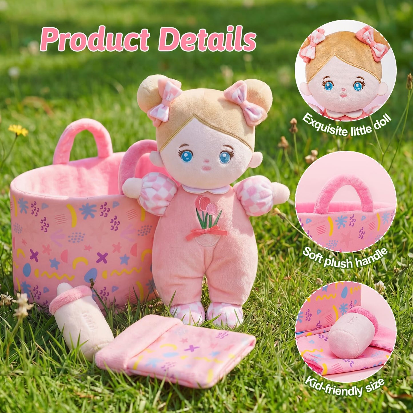 OUOZZZ Baby Doll Accessories with Soft Doll, Bassinet, Blanket and Bottle, Interactive Pretend Playset for Social Emotional Learning, Toy for 2 Year Old Girls