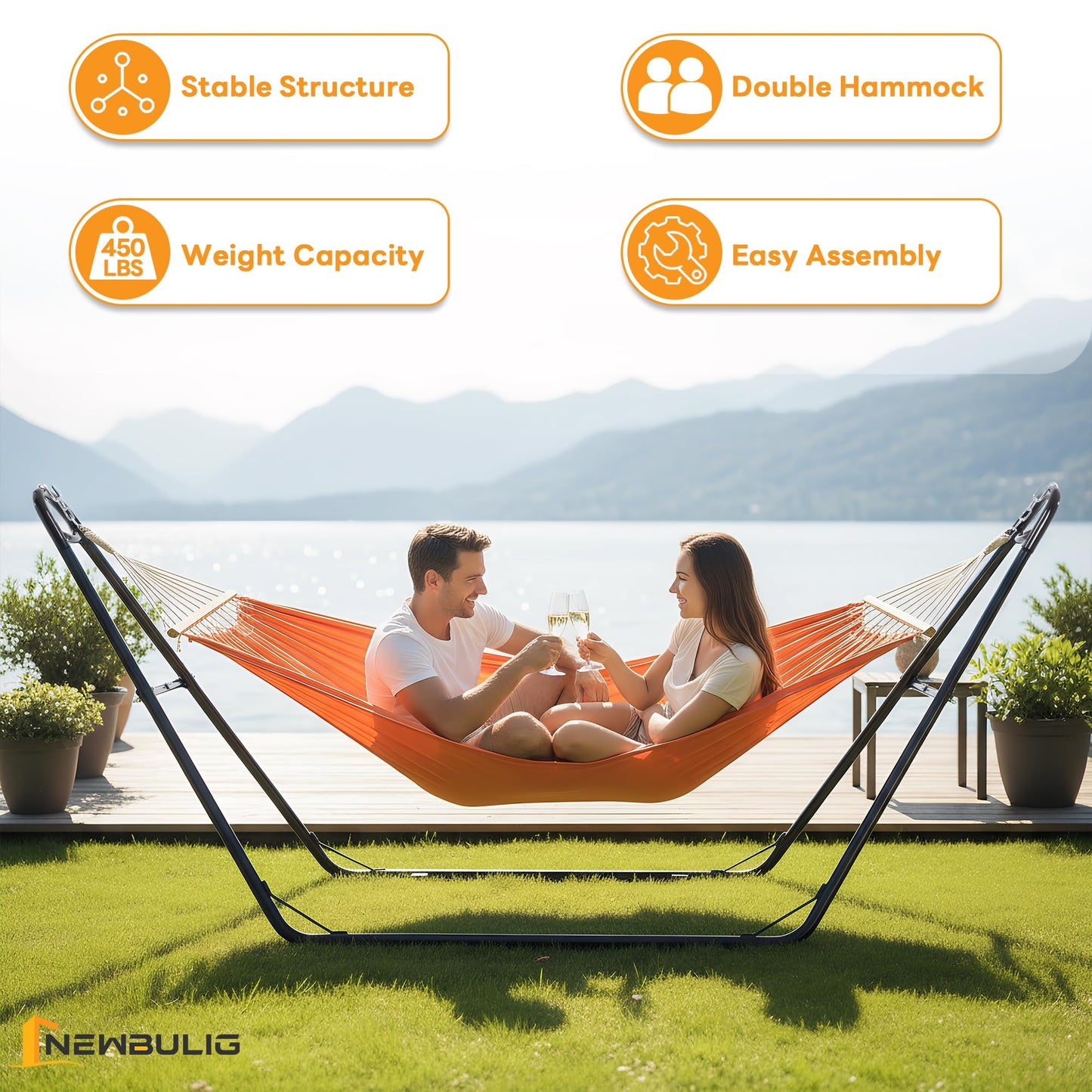 NEWBULIG Double Hammock Stand Only, 450 Pound Capacity, Fits 9 to 14 Feet Hammocks, Heavy Duty Hammock Stand for Outside for Garden Backyard Patio Pool Beach with Carrying Case