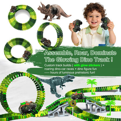 Dinosaur Toys for Kids 3-5, Glow in The Dark Flexible Train Track Playset, 2 Dinosaur Car for 3 4 5 6 7 Year & Up Old Boys & Girls Best Gift