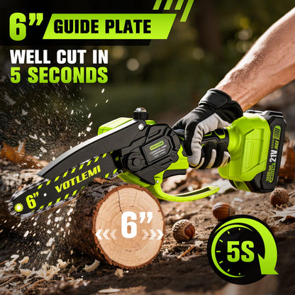 VOTLEMI Mini Chainsaw Cordless, 6 Inch Electric Chainsaw with 2000MAH Battery, 1000W Handheld Battery Powered Chain Saw with Auto Oiler, Gifts for Wood Cutting/Tree Trimming