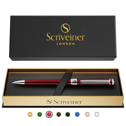 Scriveiner Deep Crimson Ballpoint Pen - Stunning Red Lacquer Luxury Pen, Chrome Finish, Schmidt Black Refill, Best Ball Pen Gift Set for Men & Women, Professional Executive Office, Nice Designer Pen