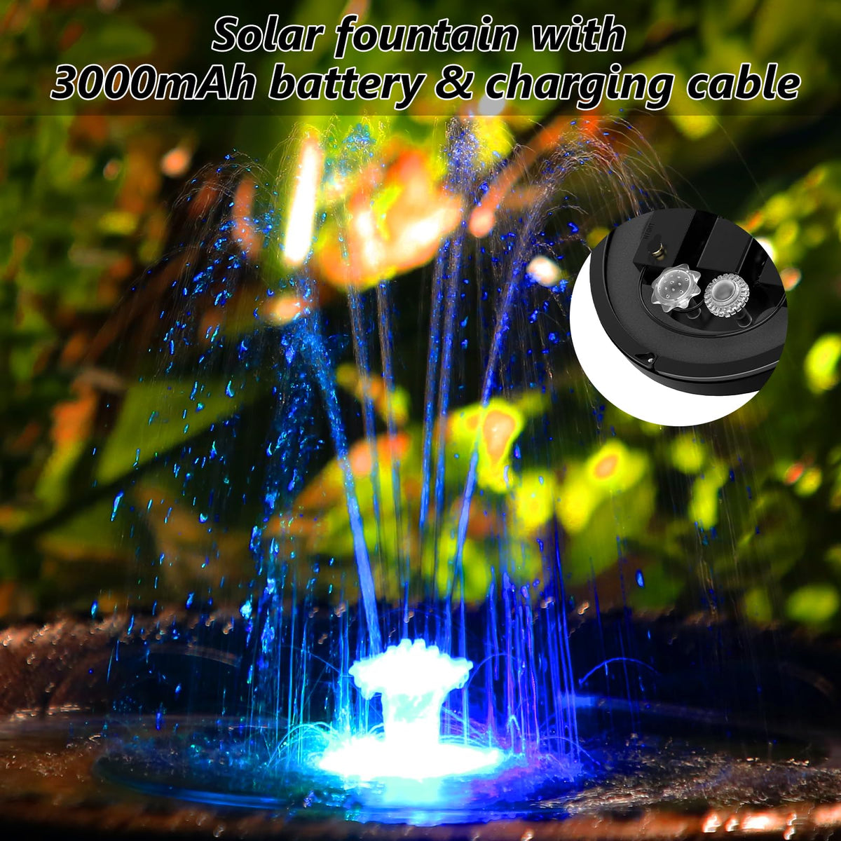 AISITIN 6.5W Solar Glass Panel Fountain, LED Colorful Lights & Remote Control, Rechargeable with Storage, Solar Powered Water Fountain Pump with Integrated Bracket for Bird Bath, Garden, Outdoor, Pond