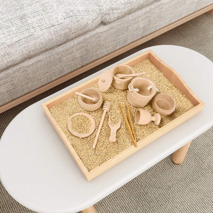 MONT PLEASANT Montessori Sensory Bin Toys for 1 Year Old Toddlers, 11pcs Wooden Waldorf Toys - Wooden Scoops and Tongs for Transfer Work and Fine Motor Skills Development