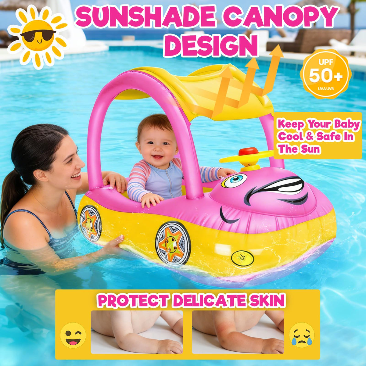 iGeeKid Inflatable Baby Pool Float with Canopy, Safty Seat for Infant Baby Swim Float Rings Car Shaped Swimming Pool Floaties for Babies Toddler Age of 18-36 Months (Pink)