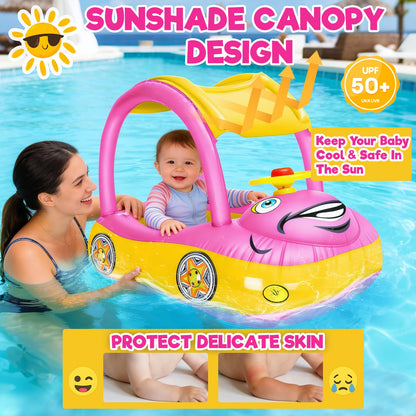 iGeeKid Inflatable Baby Pool Float with Canopy, Safty Seat for Infant Baby Swim Float Rings Car Shaped Swimming Pool Floaties for Babies Toddler Age of 18-36 Months (Pink)