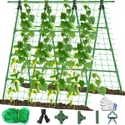 A-Frame Cucumber Trellis for Raised Bed - 63”H x 47”W, Heavy-Duty Detachable Garden Trellis with Netting & Clips, Support for Climbing Outdoor Cucumber, Tomatoes, Luffa, Bitter Melon, Vining Flowers