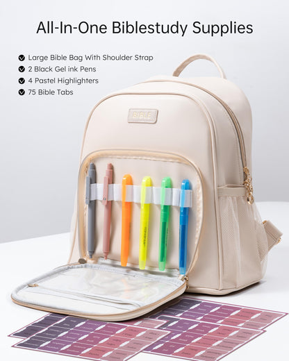 Premium Bible Backpack Set for Women - Stylish Checkered PU Leather Bible Bag with 72 Bible Tabs, 4 Highlighters & 2 Pens - Ideal for Church, Study & Travel