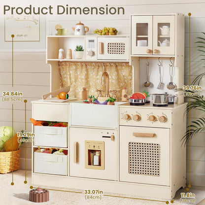 labebe Play Kitchen for Kids Indoor Pretend Play, Wood Toy Set with 2 Storage Boxes, Stove, Sink, Ice Maker, Pots and Pans, Kitchen Set for Cooking Play
