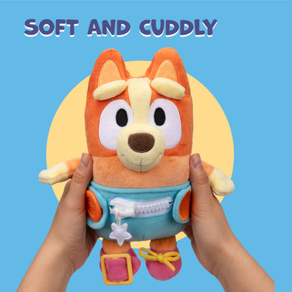 Dress & Play Baby Bingo Bluey Plush, Button, Zip, Buckle and Tie, Learn to Dress Dolls for Toddlers Ages 3+, Fine Motor Skills Baby Zipper Toy