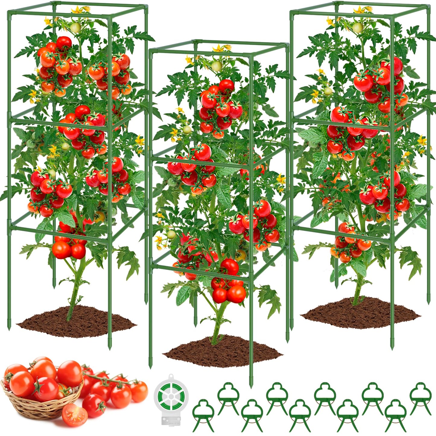 WLLEYAY 3 Pack Tomato Cages, Square Tomato Plant Stakes Support Cages Trellis, 50 * 17 * 17in Heavy Duty Steel Plant Tower Stakes Cucumber Trellis for Garden Climbing Vegetables Flowers Fruits, Bold