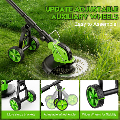 20000 RPM Electric Weed Eater Battery Powered 6000mAh, 12″ Brushless Electric Weed Wacker Cordless Wheeled Edger Trimmer, 4-in-1 Brush Cutter Heavy Duty/String Trimmer/Lawn Mower Edger, 2 Battery Tool
