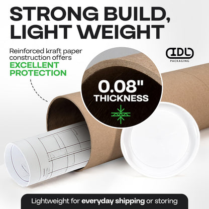 Cardboard Mailing Tube, 4" x 36" with Plastic Caps - USA-Made USPS Approved Poster Tube for Documents & Blueprints - Reinforced Mailing Cylinders for Shipping & Storage by IDL Packaging