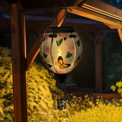 TEYIGARDEN Hot Air Balloon Solar Lantern with Flickering Flame, Glass Hanging Garden Lights Outdoor Waterproof for Tree Yard Patio Mother's Day Gift, 18" H Butterfly