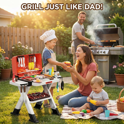 STACTCUTE Kids BBQ Grill Playset with Realistic Steam, Sound & Lights - 60Pcs Pretend Play Kitchen Food Toy for Toddlers Boys Girls for 3-5+ - Sturdy Double-Layer Outdoor Backyard Cooking Set Gift