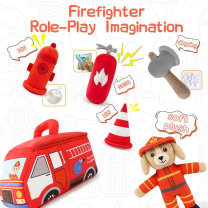 JUSTQUNSEEN Stuffed Plush Firefighter Kit for Baby Toddler, 6-Pcs My Little Playset, Sensory Pretend Play Toy with Fire Truck/Dog Firefighter/Extinguisher, Boy Girl Infant Gifts