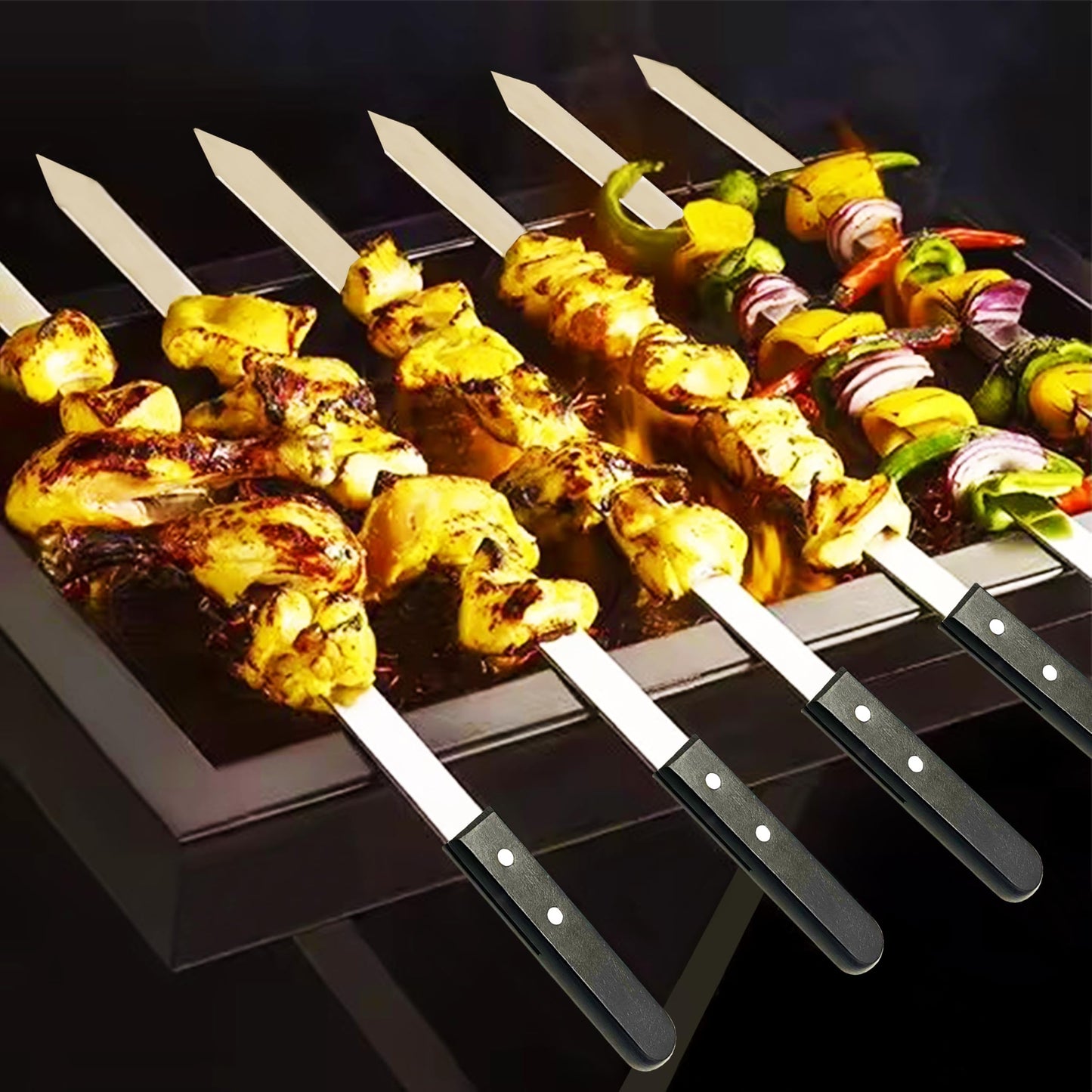 Voniel 23.6 Inch Long Kabob Skewers,0.91 Inch Wide Skewers for Kabobs,Metal Stainless Steel Kebob for Grilling,Extra Large Flat Kebab,BBQ Tool,Barbecue Sticks with Black Wood Handle,7 Pack with Bag.