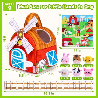 Baby Toys 6-12 Months, Barn Farm Soft Stuffed Animal Set with Windmill Fence Rattle Crinkle Paper, Sensory Toys for Babies Toddlers Montessori Toys for 6 9 Months Old Boy Girl