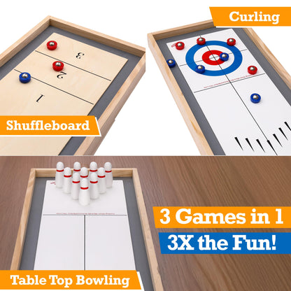 Sterling Games Tabletop Shuffleboard, Bowling and Curling 3 in 1 Combo Game Set, Two Sided Wooden Arcade Game Board with Pucks and Bowling Pins, a Table Top Game for Kids and Family