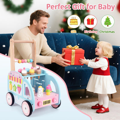 Wooden Baby Walker with Wheels for Girls, Toddler Play Store Ice Cream Toy, Multifunctional Ice Cream Cart with Baby Activity Center, Push Walking Toys Gift for 18+ Months Kids Learning to Walk