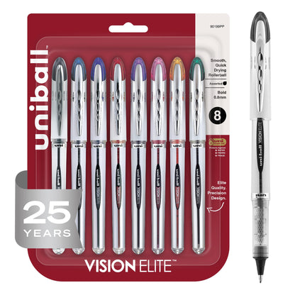 uni-ball® Vision™ Elite™ Liquid Ink Rollerball Pens, Bold Point, 0.8 mm, Black Barrel, Assorted Ink Colors, Pack Of 8