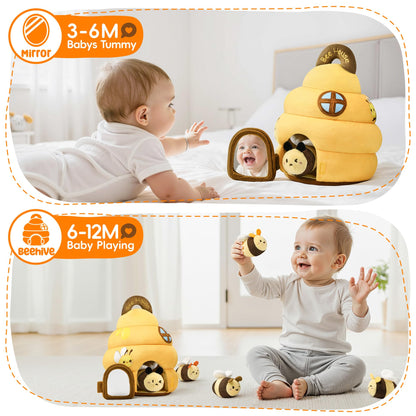 Baby Toys 6-12 Months - Beehive Infant Toy with 5 Sensory Bees Stuffed Animals, Crinkle, Rattle, Mirror & Music, Montessori Toys for 6 7 8 9 10 11 12 Month Old Baby Boys Girls Birthday Christmas Gift